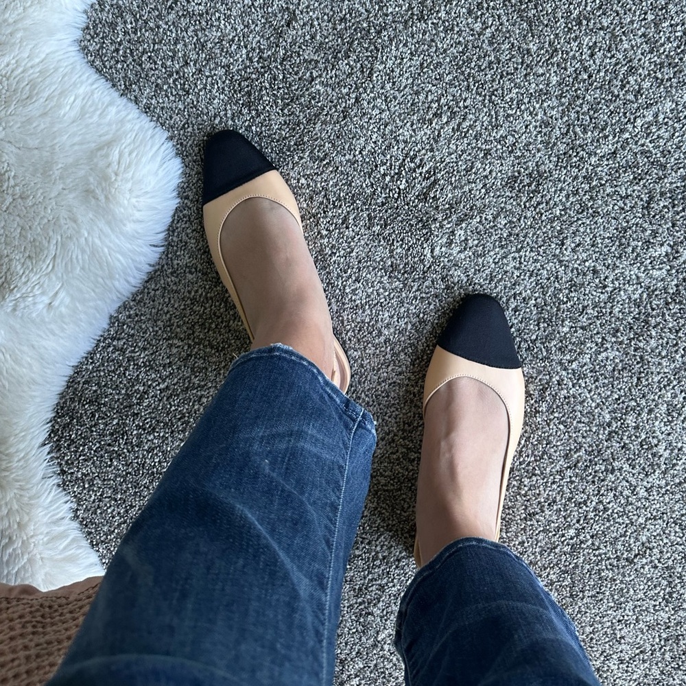 Two tone cap toe sling backs